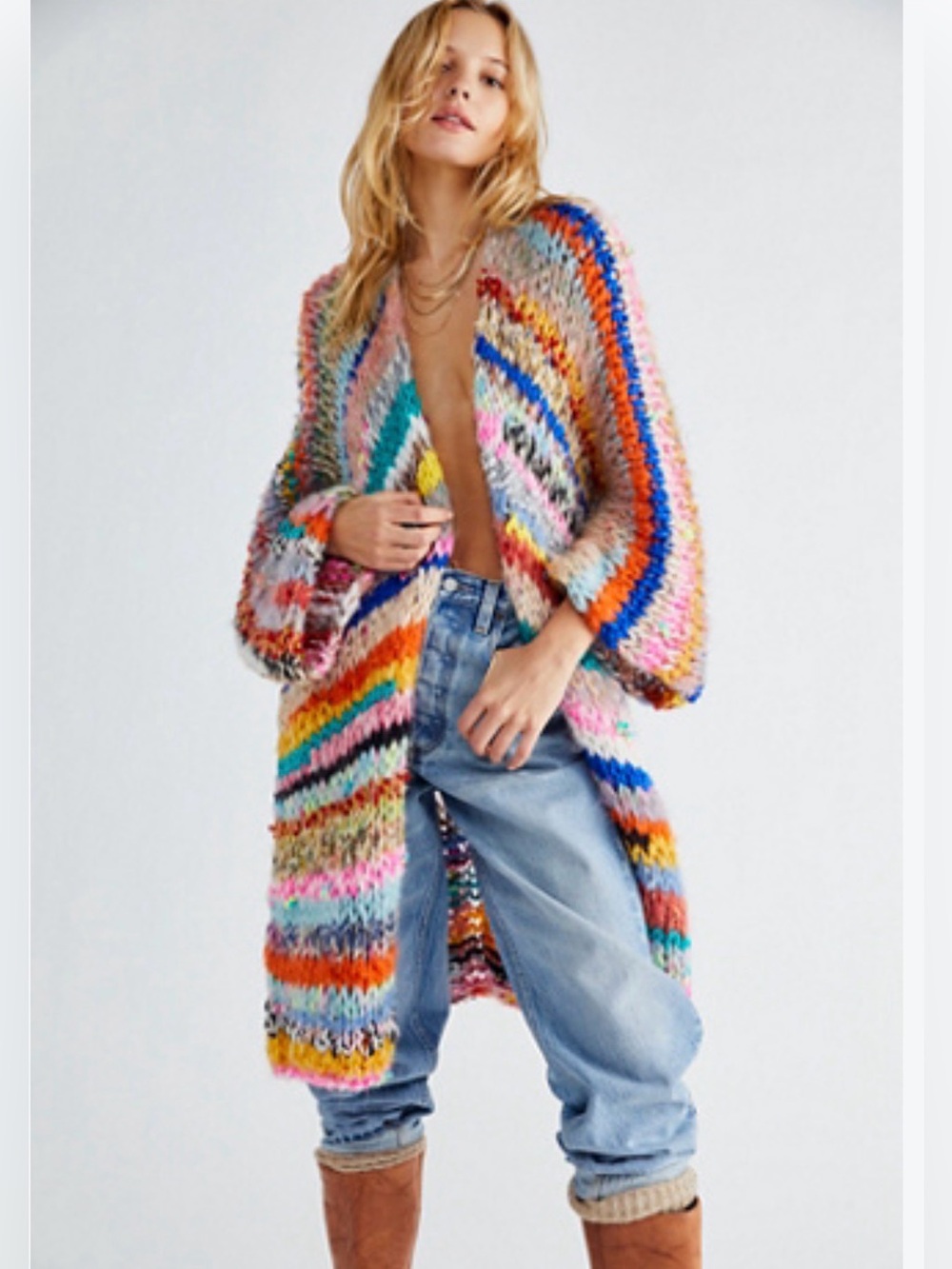 Free People Rainbow Multi-Color Chunky Open-Front Cardigan E with Love